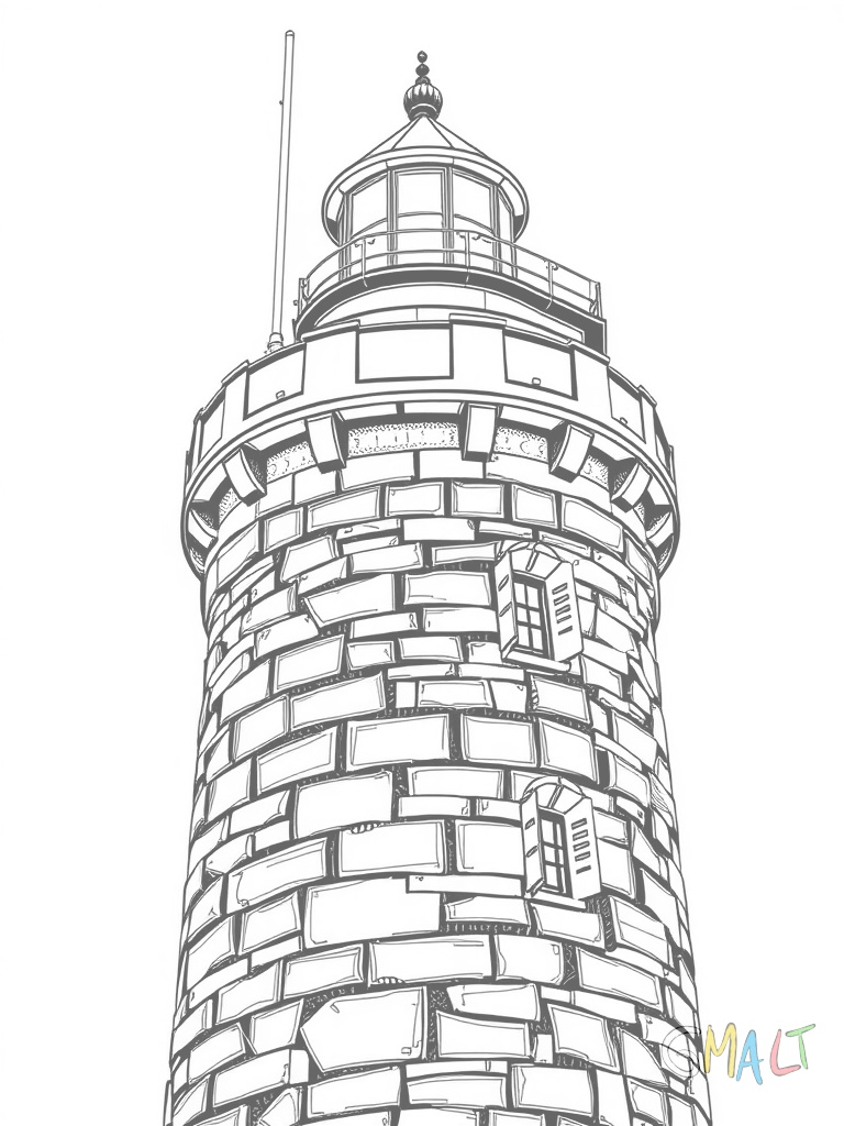 Ein alter Backsteinleuchtturm mit Wendeltreppe an der Außenseite. Efeu rankt sich an einer Seite empor. Ein kleiner Schuppen steht daneben. Oben ist eine Aussichtsplattform mit Geländer.