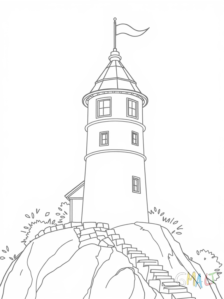 Ein klassischer Leuchtturm mit Wärterhaus daneben steht auf einer Klippe. Eine Steintreppe windet sich nach oben. Im Vordergrund ist ein kleiner Zaun zu sehen. Auf der Spitze weht eine Flagge.