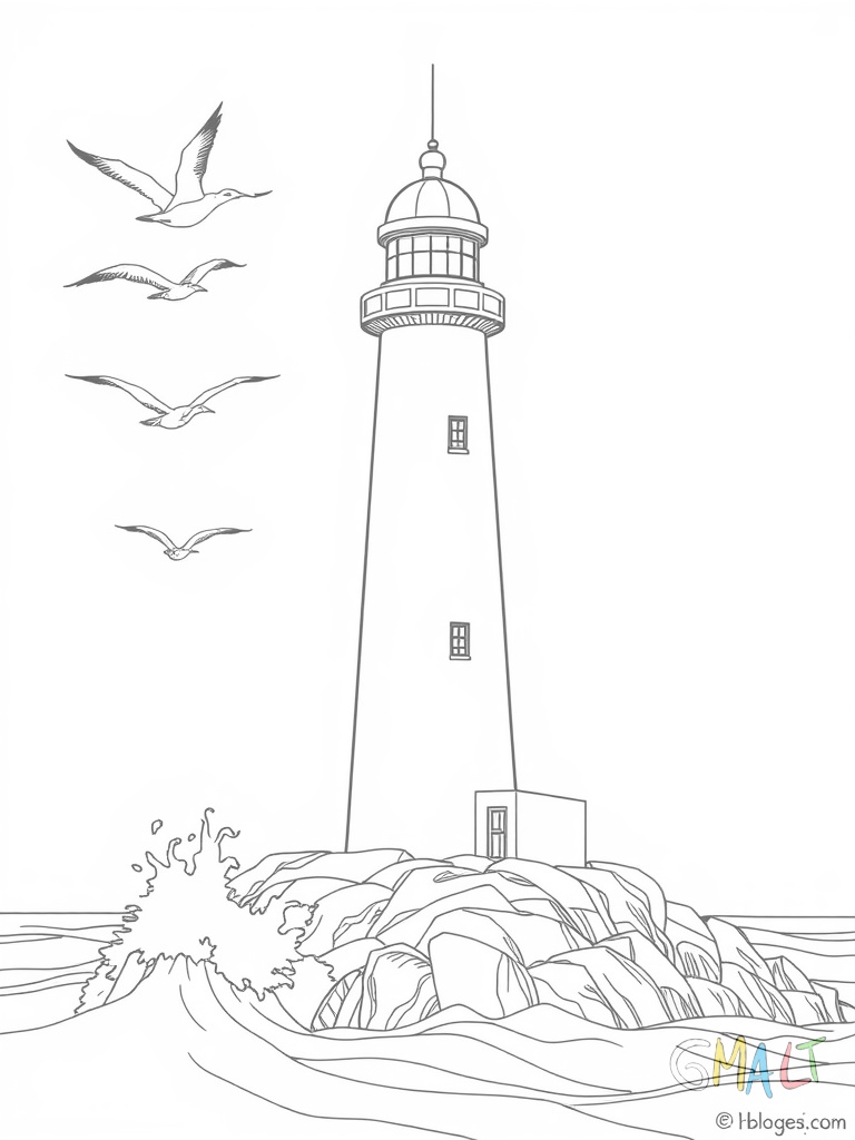Ein hoher weißer Leuchtturm steht auf einem felsigen Vorsprung am Meer. Große Möwen fliegen um die Spitze. Im Vordergrund plätschern Wellen gegen die Felsen. Die Leuchtturmtür ist leicht geöffnet.