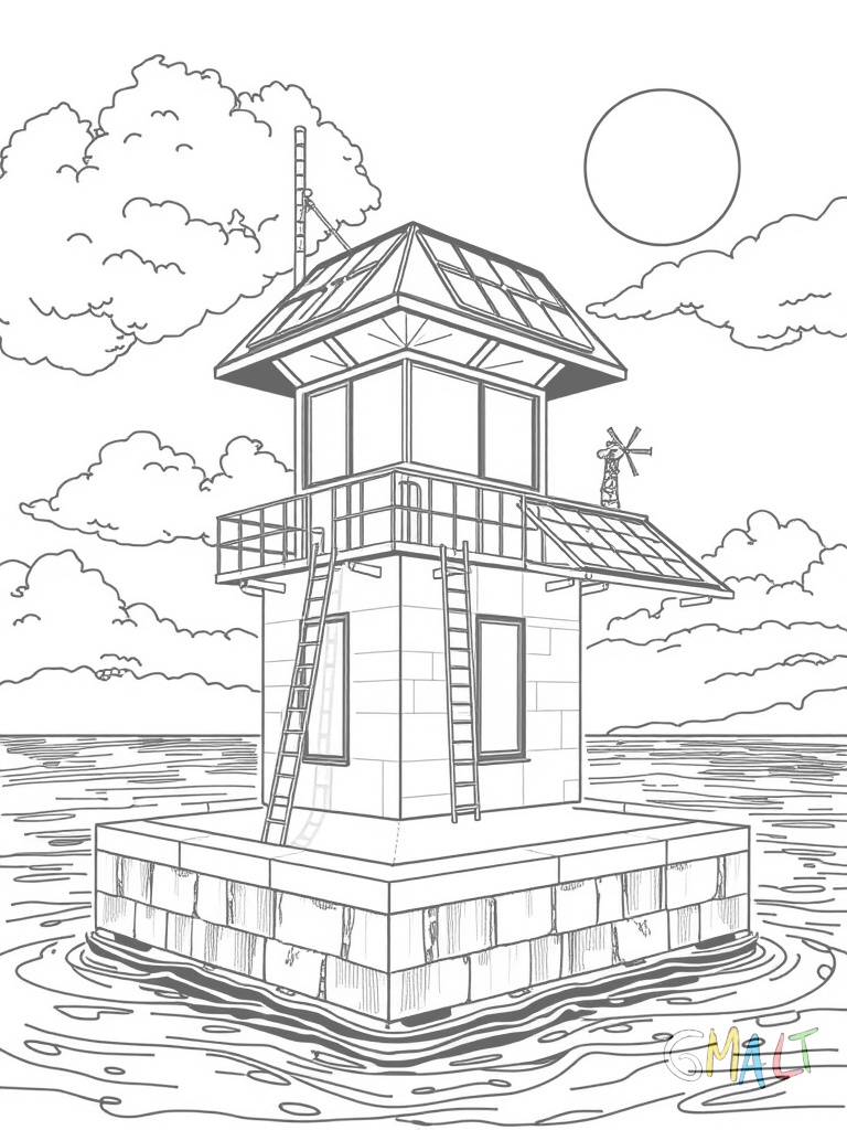 Ein kompakter Leuchtturm auf Betonfundament ragt aus dem Wasser. Eine Metallleiter führt nach oben. Solarpanele sind an der Südseite angebracht. Ein Helikopterlandeplatz ist auf dem Dach markiert.