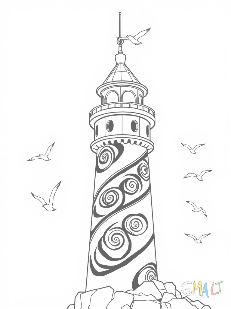 Ein hoher schmaler Leuchtturm mit spiralförmigem schwarz-weißem Muster. Ein Blitzableiter ragt von der Spitze. Eine schmale Brücke verbindet ihn mit dem Festland. Seevögel nisten in Wandnischen.