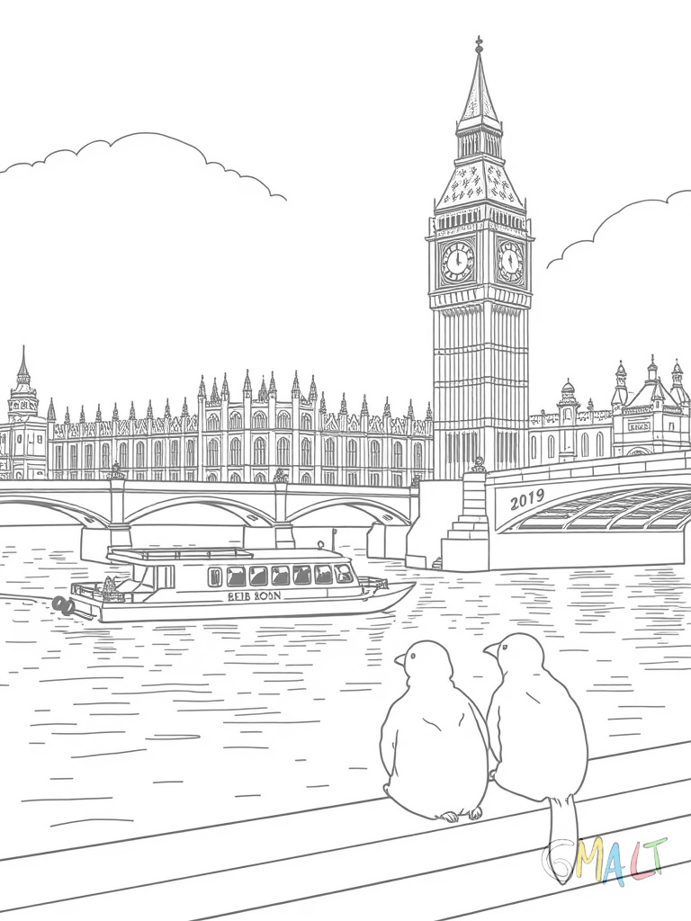 Der Big Ben spiegelt sich in der Themse. Ein Ausflugsboot fährt auf dem Fluss. Zwei Möwen sitzen auf einer Laterne am Ufer. Eine Brücke ist im Hintergrund zu sehen.