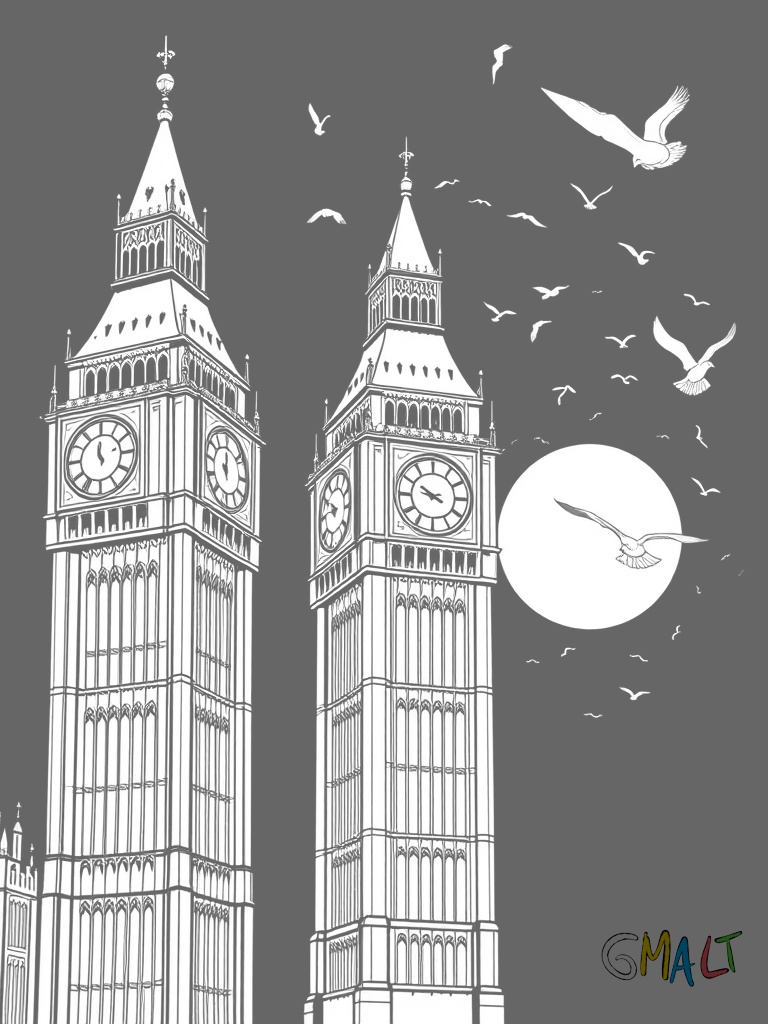 Eine Frontalansicht des Big Ben bei Nacht. Alle vier Zifferblätter der Turmuhr sind beleuchtet. Der Vollmond scheint direkt hinter der Turmspitze. Ein Schwarm Vögel fliegt am Nachthimmel.