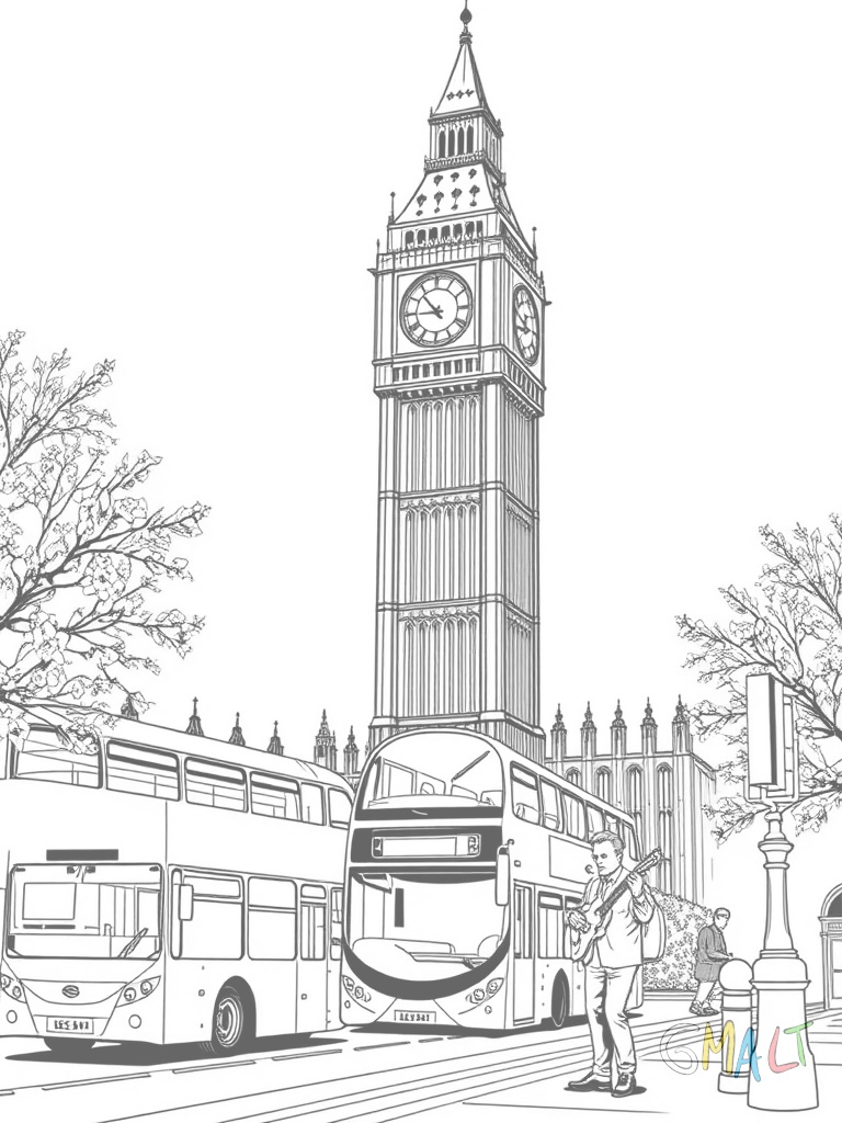 Der Big Ben im Frühling mit blühenden Kirschbäumen im Vordergrund. Ein Doppeldeckerbus fährt vorbei. Ein Straßenmusikant spielt Gitarre auf einer Bank.