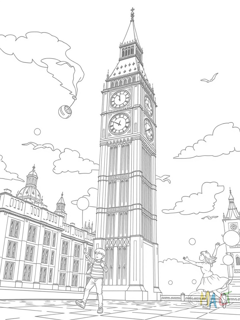 Der Big Ben ragt majestätisch in den Himmel. Die berühmte Turmuhr zeigt genau 12 Uhr. Im Vordergrund steht eine typisch rote englische Telefonzelle. Zwei spielende Kinder mit Luftballons stehen davor.