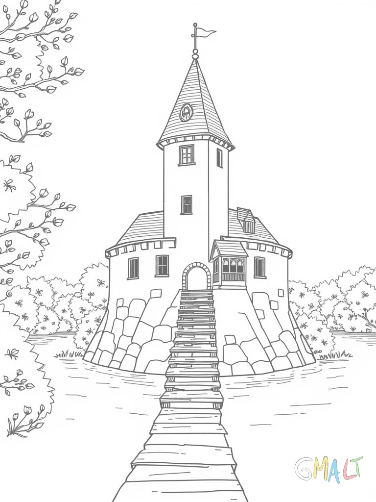 Eine kleine Wasserburg umgeben von einem breiten Graben. Ein Holzsteg führt zum Torhaus. Die Burg hat einen Wohnturm und eine Kapelle mit spitzem Dach.