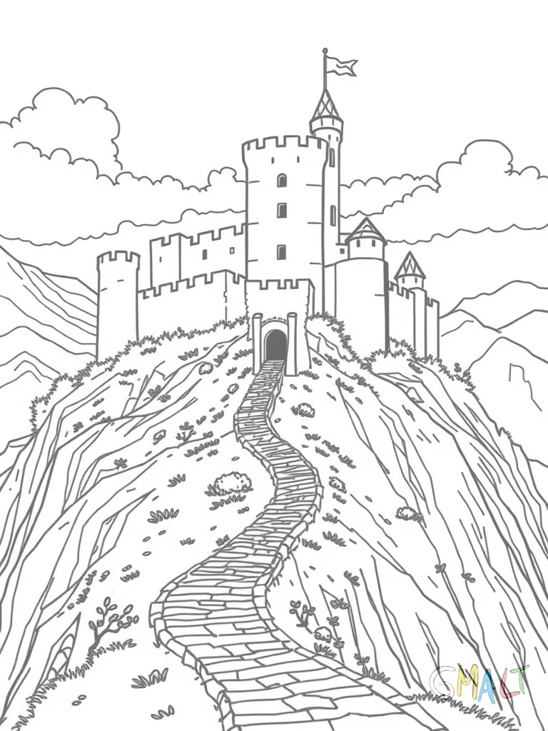 Eine Burg auf einem steilen Hügel mit einem gewundenen Weg nach oben. Die Burg hat eine massive Hauptmauer und einen großen Bergfried in der Mitte. Ein Torhaus bewacht den Eingang.