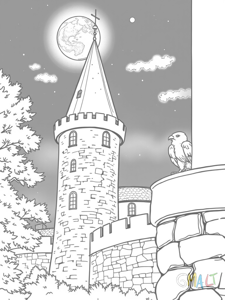 Eine Ritterburg bei Nacht mit erleuchteten Fenstern. Der Mond scheint über den Türmen und eine Fackel brennt neben dem Tor. Eine Eule sitzt auf der Burgmauer.