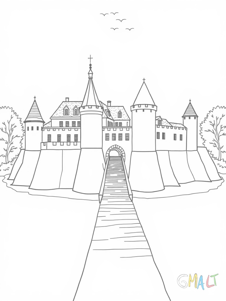 Eine Burganlage mit Vorburg und Hauptburg. Zwischen beiden Bereichen liegt eine Holzbrücke. Die Vorburg hat Stallungen und eine Schmiede während die Hauptburg den Palas zeigt.