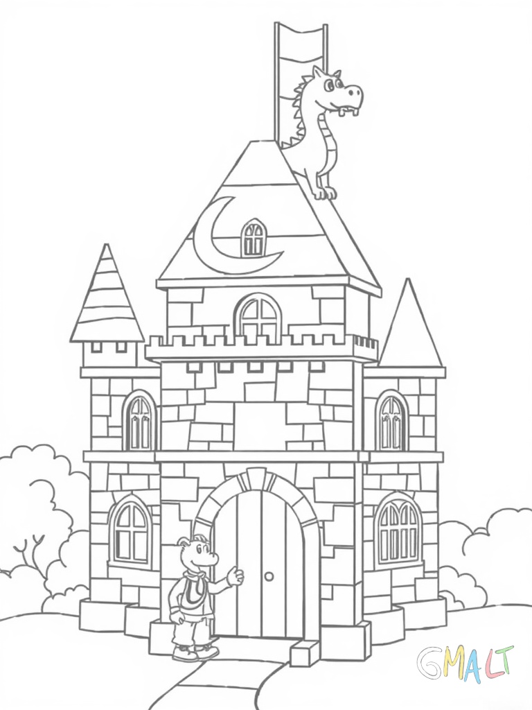 Eine Spielzeugburg aus Bauklötzen mit bunten Türmen und Fähnchen. Ein Holzritter steht vor dem Tor und ein Drache aus Stoff sitzt auf dem höchsten Turm.