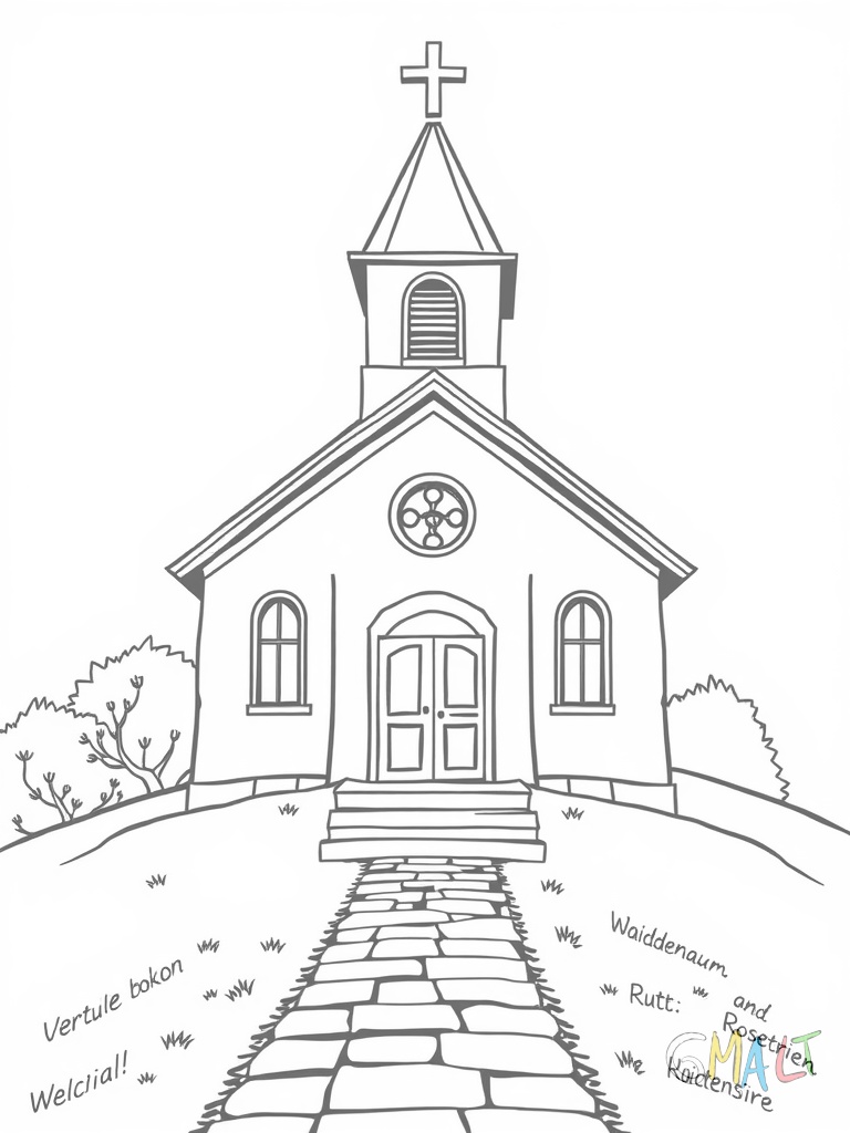 Eine kleine Dorfkirche mit spitzem Kirchturm steht auf einem Hügel. Vor der Kirche führt ein gewundener Weg zur Eingangstür. Zwei große Fenster und ein rundes Rosettenfenster schmücken die Vorderseite. Ein Kreuz sitzt auf der Turmspitze.