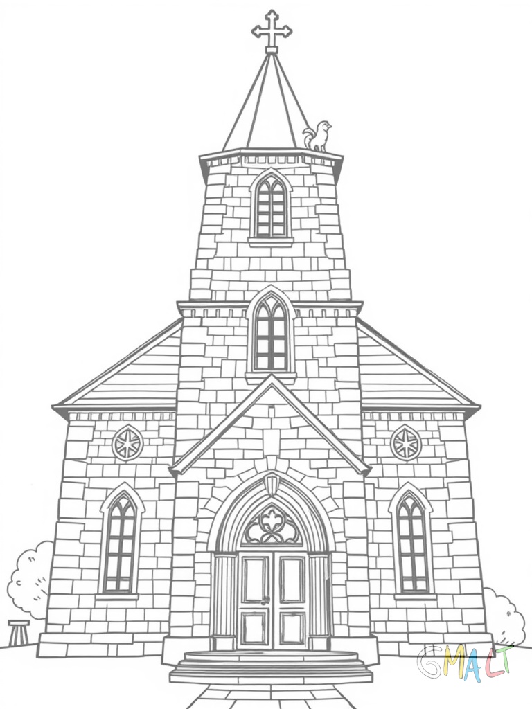 Eine Backsteinkirche mit einem achteckigen Turm. Spitzbogenfenster mit bunten Glasfenstern säumen die Wände. Ein Torbogen rahmt den Eingangsbereich. Zwei Wasserspeier sitzen an den Turmecken.