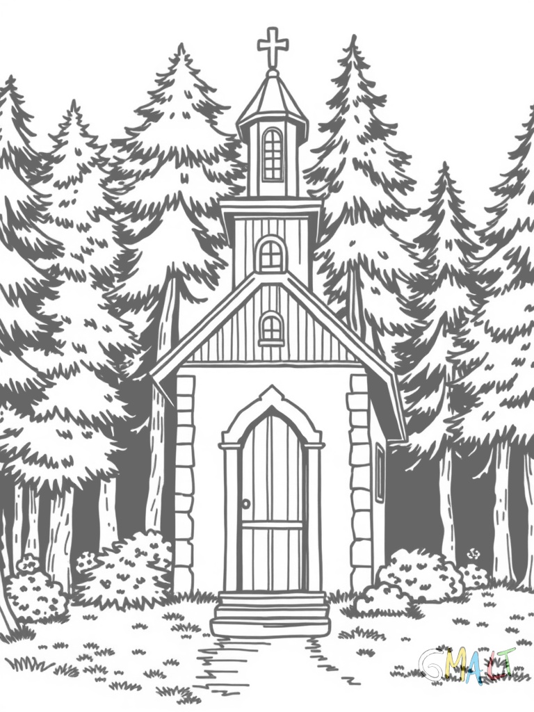 Eine Kapelle im Wald mit einem kleinen Glockenturm. Die Holztür ist leicht geöffnet. Efeu rankt an einer Seite der Mauer empor. Drei kleine Fenster sind an der Längsseite zu sehen.