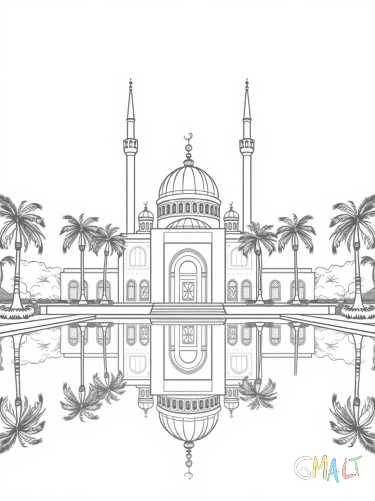 Eine Moschee am Wasser mit spiegelndem Vorplatz. Die zentrale Kuppel wird von vier kleineren Nebenkuppeln umgeben. Zwei symmetrische Minarette ragen in den Himmel. Palmen säumen den Zugangsweg.