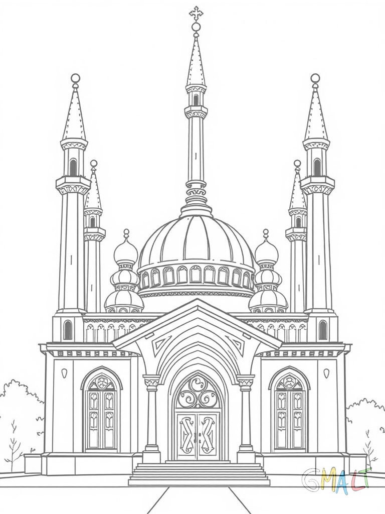 Eine prachtvolle Moschee mit fünf Kuppeln in unterschiedlichen Größen. Vier identische Minarette stehen an den Ecken des Gebäudes. Der Haupteingang wird von einem großen Hufeisenbogen eingerahmt.