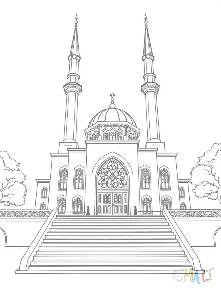 Eine große Moschee mit zwei hohen Minaretten steht im Zentrum. Die Kuppel ist mit einem Halbmond geschmückt. Breite Treppen führen zum Haupteingang mit einem kunstvoll verzierten Torbogen. Die Fenster haben spitzbogenförmige Einfassungen.