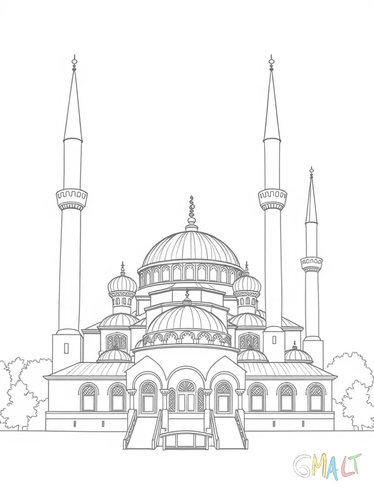 Eine Moschee im osmanischen Stil mit einer großen Hauptkuppel und mehreren Nebenkuppeln. Drei Minarette unterschiedlicher Höhe umgeben das Hauptgebäude. Weite Bogengänge verbinden die verschiedenen Gebäudeteile.