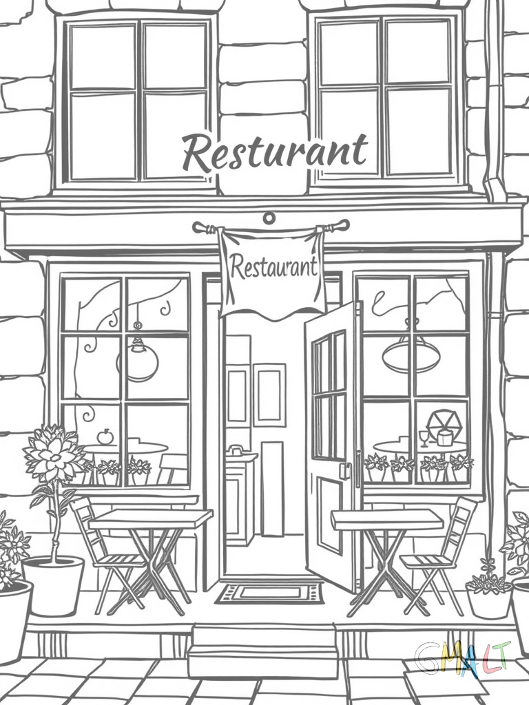 Ein gemütliches Restaurant von außen mit großen Fenstern und einer offenen Holztür. Über dem Eingang hängt ein Schild mit der Aufschrift 'Restaurant'. Zwei Tische mit Stühlen stehen auf der Terrasse. Eine kleine Treppe führt zur Eingangstür.
