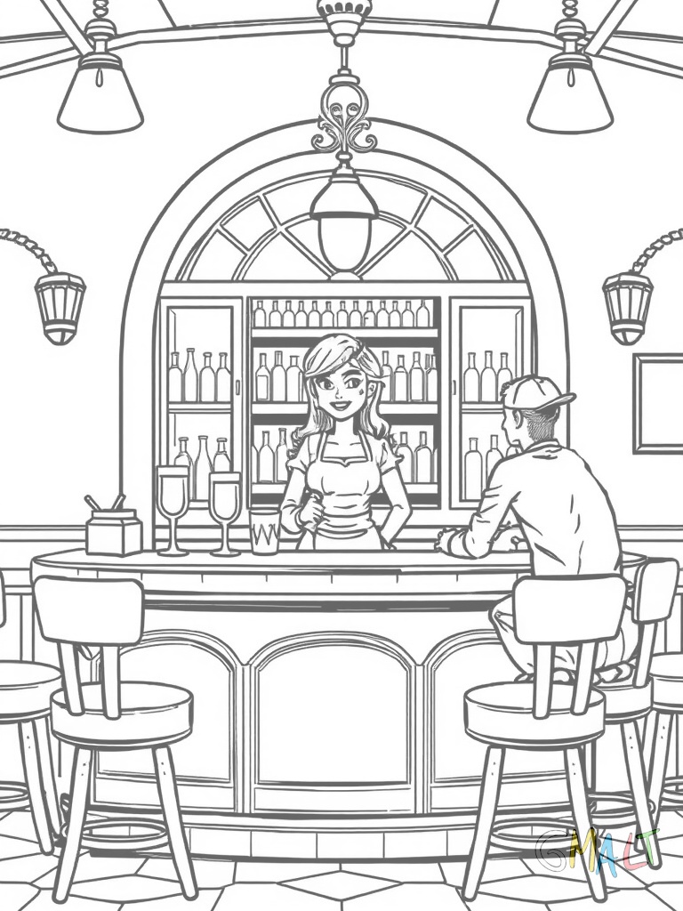 Die Theke eines Restaurants mit hohen Barhockern davor. Hinter der Theke stehen Gläser in einem Regal. Eine freundliche Kellnerin steht hinter der Theke und ein Gast sitzt auf einem der Hocker.