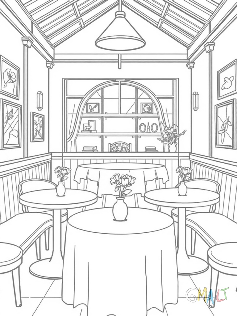 Die Innenansicht eines Restaurants mit sechs runden Tischen. Auf jedem Tisch steht eine kleine Vase mit einer Blume. An den Wänden hängen Bilder und eine große Menütafel ist hinter der Theke zu sehen.