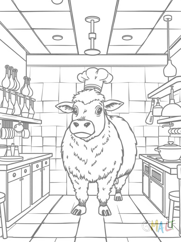 Eine Restaurant-Küche mit einem großen Herd in der Mitte. Daneben stehen Arbeitsflächen mit Schneidebrettern. An der Wand hängen Kochlöffel und Pfannen. Ein Koch mit hoher Mütze steht am Herd.