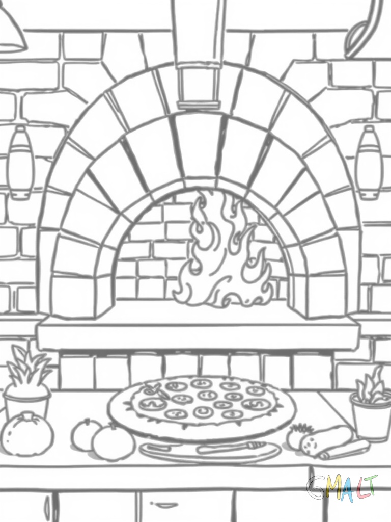 Ein italienisches Restaurant mit einer markanten Pizzaofen-Ecke. Der gemauerte Ofen hat eine runde Öffnung. Davor steht ein Pizzabäcker mit Pizzaschieber. Auf der Theke liegen frische Zutaten.