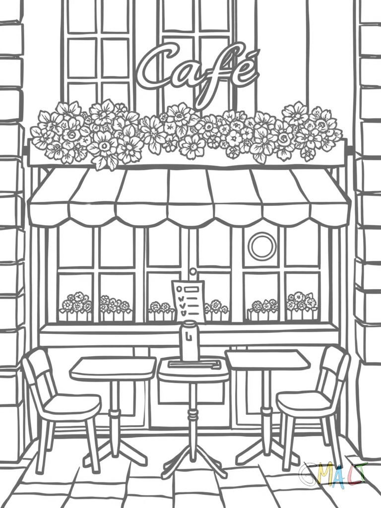 Ein Straßencafé mit vier kleinen quadratischen Tischen unter einer gestreiften Markise. Vor dem Eingang steht eine Tafel mit dem Tagesmenü. Blumenkästen schmücken die Fenster.