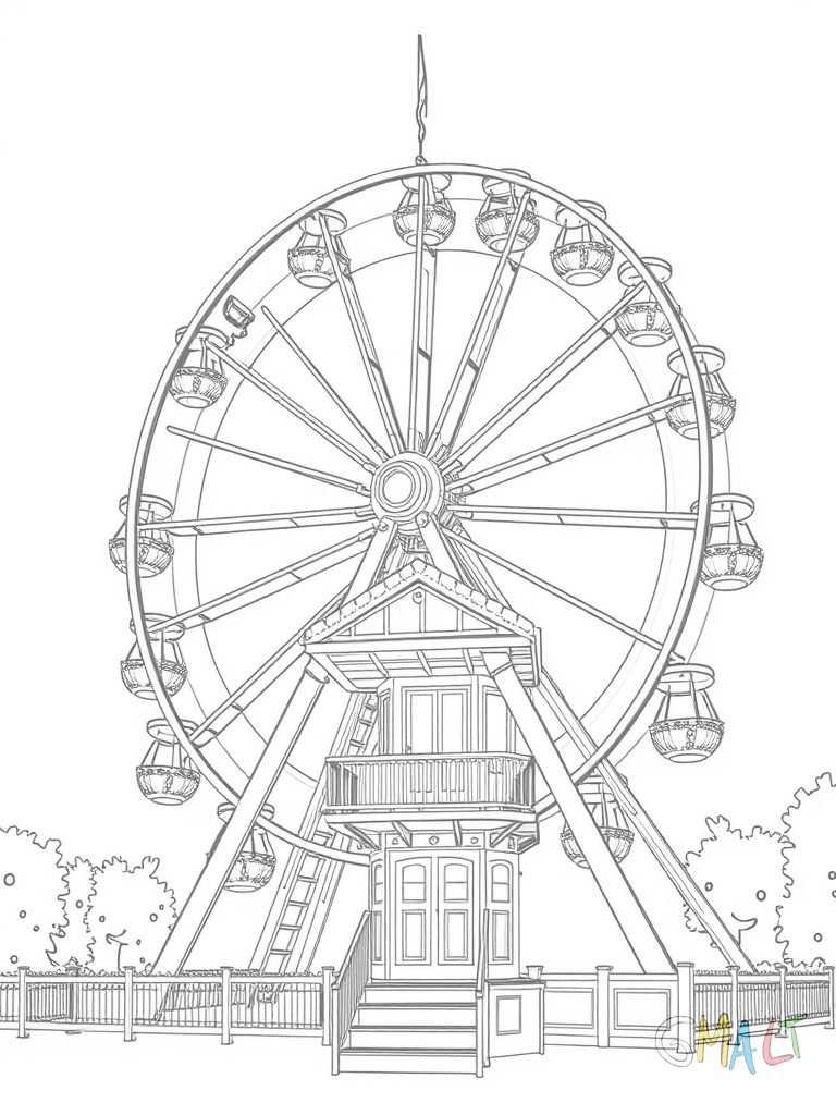 Ein historisches Riesenrad mit nostalgischen holzverzierten Gondeln. Die zentrale Achse wird von einem verzierten Stahlgerüst getragen. Im Vordergrund steht ein alter Ticketstand mit gewelltem Dach. Eine kleine Treppe führt zur Einstiegsplattform.