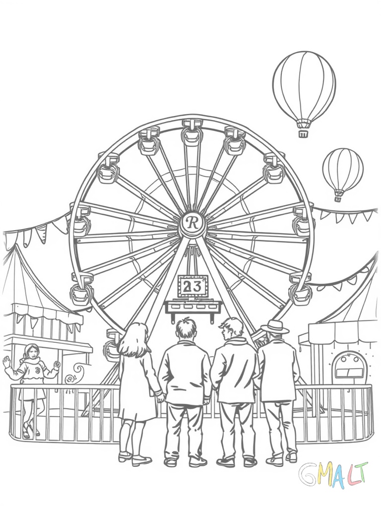Ein Riesenrad auf einem Jahrmarkt umgeben von flatternden Fahnen und Wimpeln. Vier Menschen stehen in einer Schlange vor dem Ticketschalter. Die bunten Gondeln sind mit Mustern verziert. Zwei Luftballons schweben neben dem Rad.
