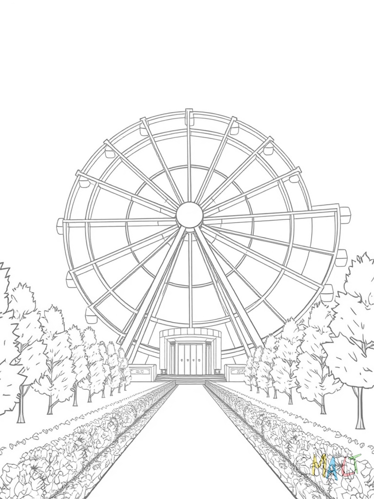 Ein großes Riesenrad steht majestätisch im Zentrum des Bildes. Die runde Form wird von acht gleichmäßig verteilten Gondeln geschmückt. Das Gestell besteht aus sich kreuzenden Streben die wie Speichen eines Rades angeordnet sind. Im Vordergrund führt ein gepflasterter Weg zum Eingang des Riesenrads.