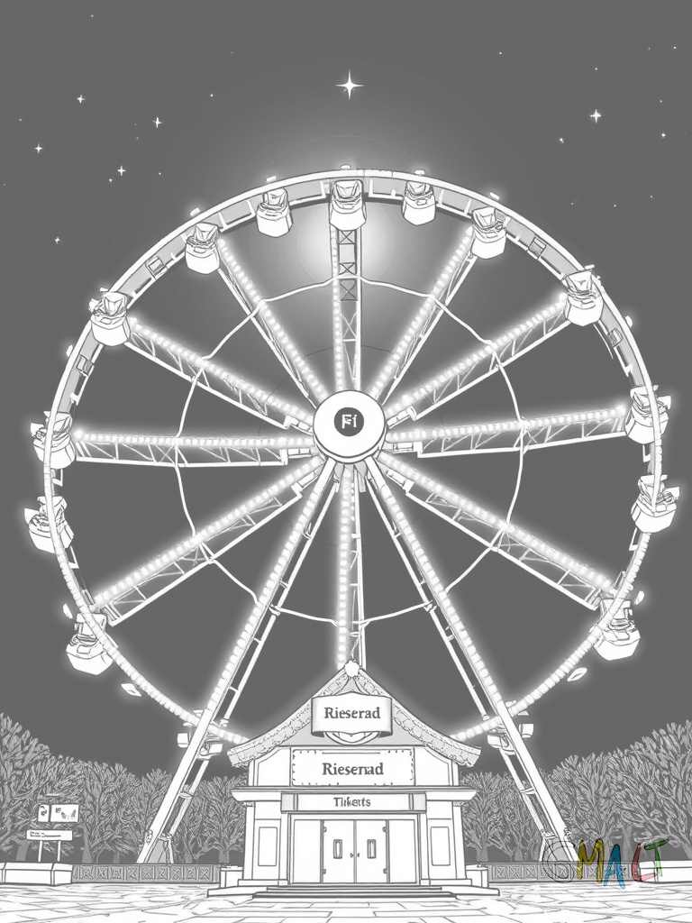 Ein beleuchtetes Riesenrad bei Nacht mit vielen kleinen Lichterketten entlang der Streben. Die zwölf Gondeln schweben vor einem sternenklaren Nachthimmel. Eine große Eingangsstation mit einem Schild 'Tickets' steht am Fuß des Riesenrads.