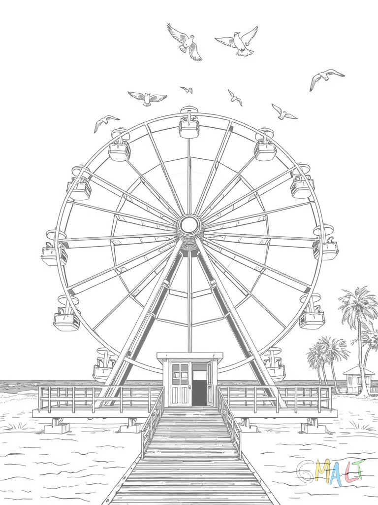 Ein Riesenrad am Strand mit Palmen im Hintergrund. Die offenen Sitzbänke der Gondeln bieten Platz für jeweils vier Personen. Möwen fliegen um die oberste Spitze des Rads. Eine Holzpromenade führt zum Eingang.