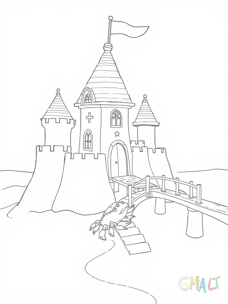 Ein Strandschloss aus Sand mit Muscheln als Verzierung an den Türmen. Eine kleine Krabbe läuft über die Zugbrücke.
