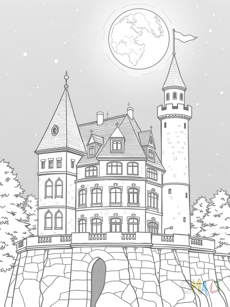 Ein Schloss bei Nacht mit erleuchteten Fenstern und einem großen Vollmond hinter dem höchsten Turm. Eine Eule sitzt auf der Burgmauer.