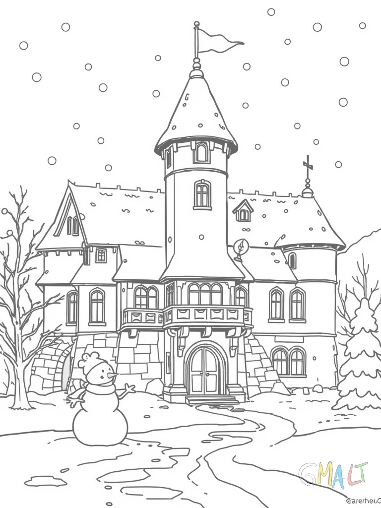 Ein Winterschloss mit schneebedeckten Dächern und Eiszapfen an den Zinnen. Ein Schneemann steht vor dem verschneiten Burghof.