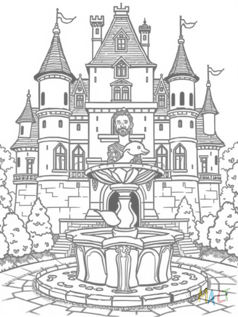 Ein verspieltes Schloss mit vielen kleinen Erkern und Türmchen. Im Vordergrund steht ein Springbrunnen mit einer Meerjungfrau-Statue.