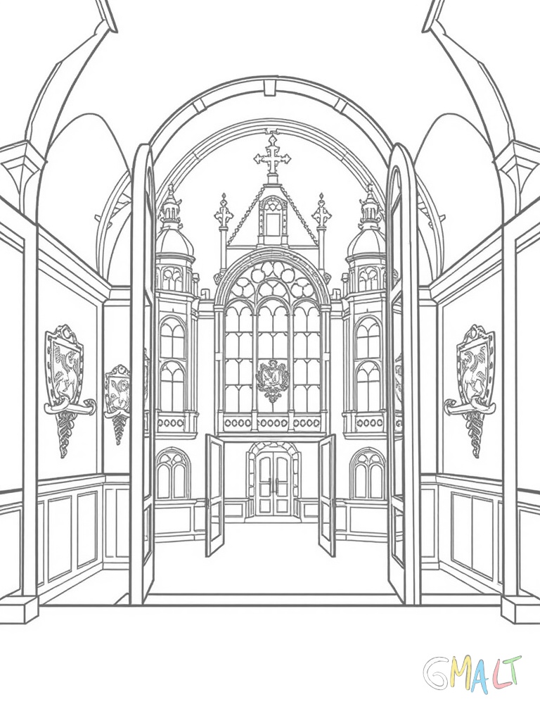 Ein Schloss mit einem großen Rittersaal durch dessen Fenster man schauen kann. An den Wänden hängen Schilde und Schwerter.