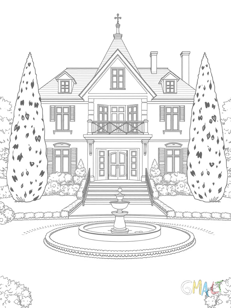 Eine große Villa mit zwei Stockwerken und einem spitzen Dach. Breite Treppen führen zur Eingangstür. Links und rechts der Tür stehen hohe Säulen. Im Vordergrund ist ein gepflegter Rasen mit einem runden Springbrunnen zu sehen.