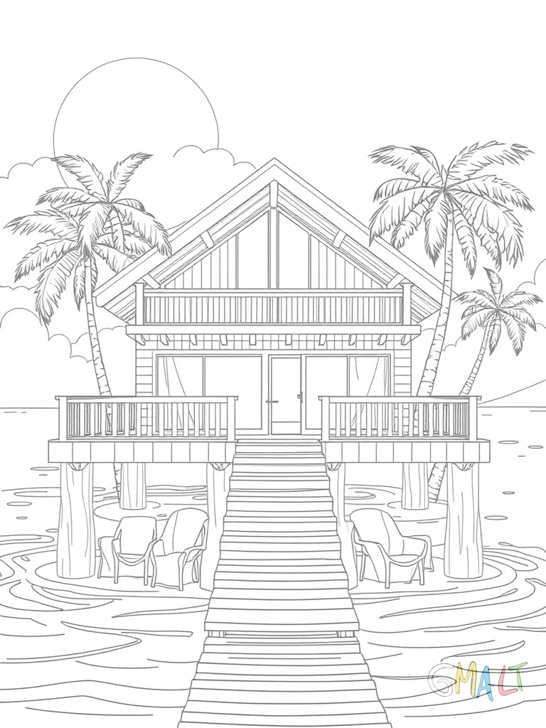 Eine Strandvilla auf Stelzen mit großer Holzveranda. Eine Treppe führt zum erhöhten Eingang. Palmwedel ragen über das Schilfdach. Ein Steg führt zum Wasser.