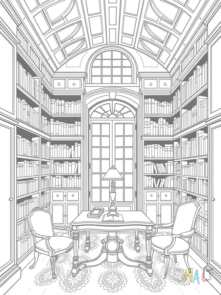 Die Bibliothek der Villa mit hohen Bücherregalen an allen Wänden. In der Mitte steht ein großer Schreibtisch mit einer Tischlampe. Ein Globus steht auf einem kleinen Beistelltisch. Am Fenster befindet sich eine Leseecke mit Sessel.