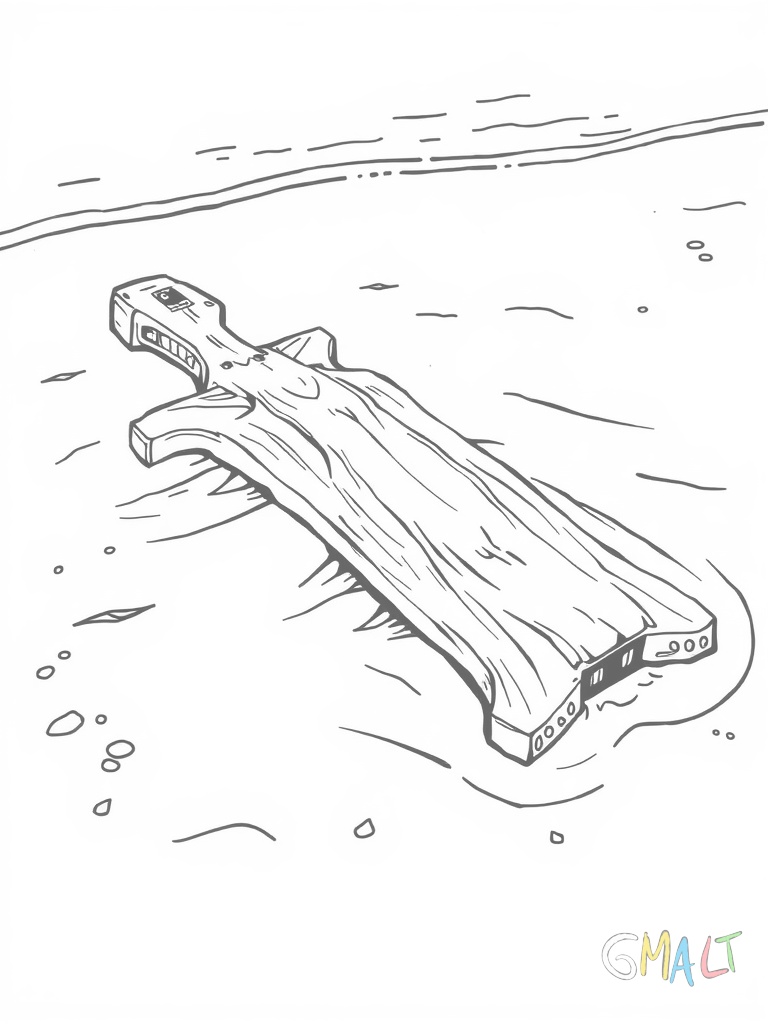 Ein antiker Anker liegt halb im Sand vergraben am Strand. Nur die obere Hälfte mit einer Ankerflunke ragt aus dem Boden.