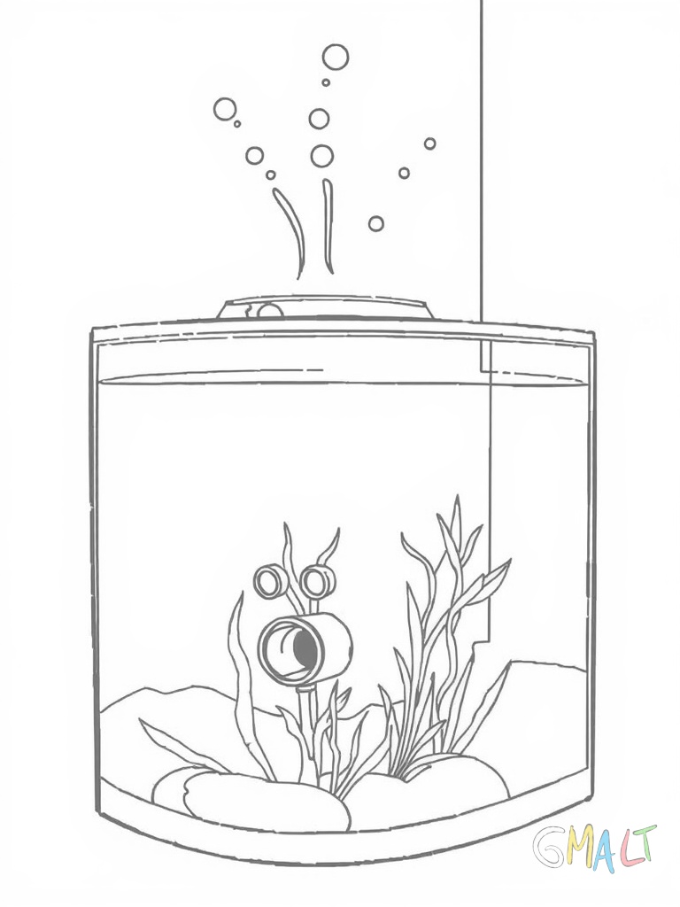 Ein großer Aquariumfilter steht aufrecht in der rechten Ecke. Aus dem oberen Ende steigen kleine Luftblasen auf. Der Filter hat zwei sichtbare Anschlüsse und einen Einlaufkorb am unteren Ende.