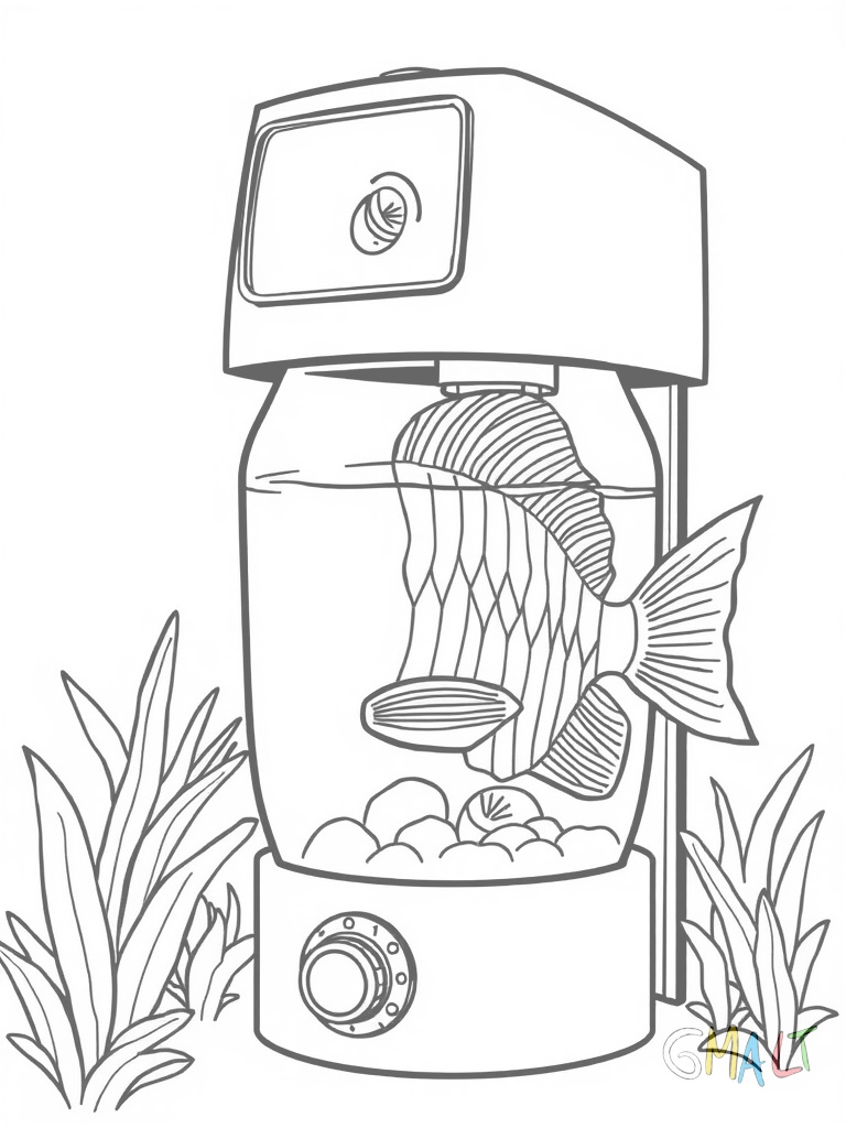 Ein Futterautomat ist oben am Beckenrand befestigt. Er hat ein durchsichtiges Vorratsfach für Fischfutter und eine kleine Klappe an der Unterseite. Ein Drehrad zur Einstellung ist seitlich erkennbar.