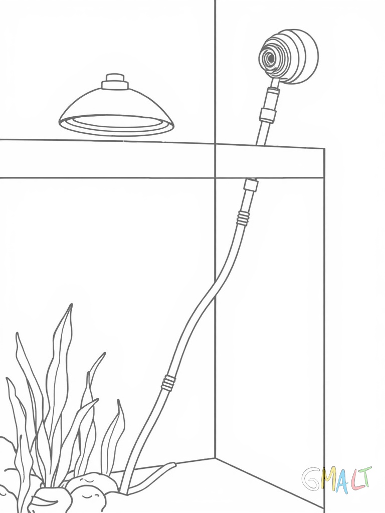 Ein Heizstab steht senkrecht in einer Ecke des Aquariums. Er hat eine Länge von etwa 20 cm und ist mit zwei Saugnäpfen befestigt. Am oberen Ende befindet sich ein Temperaturregler.