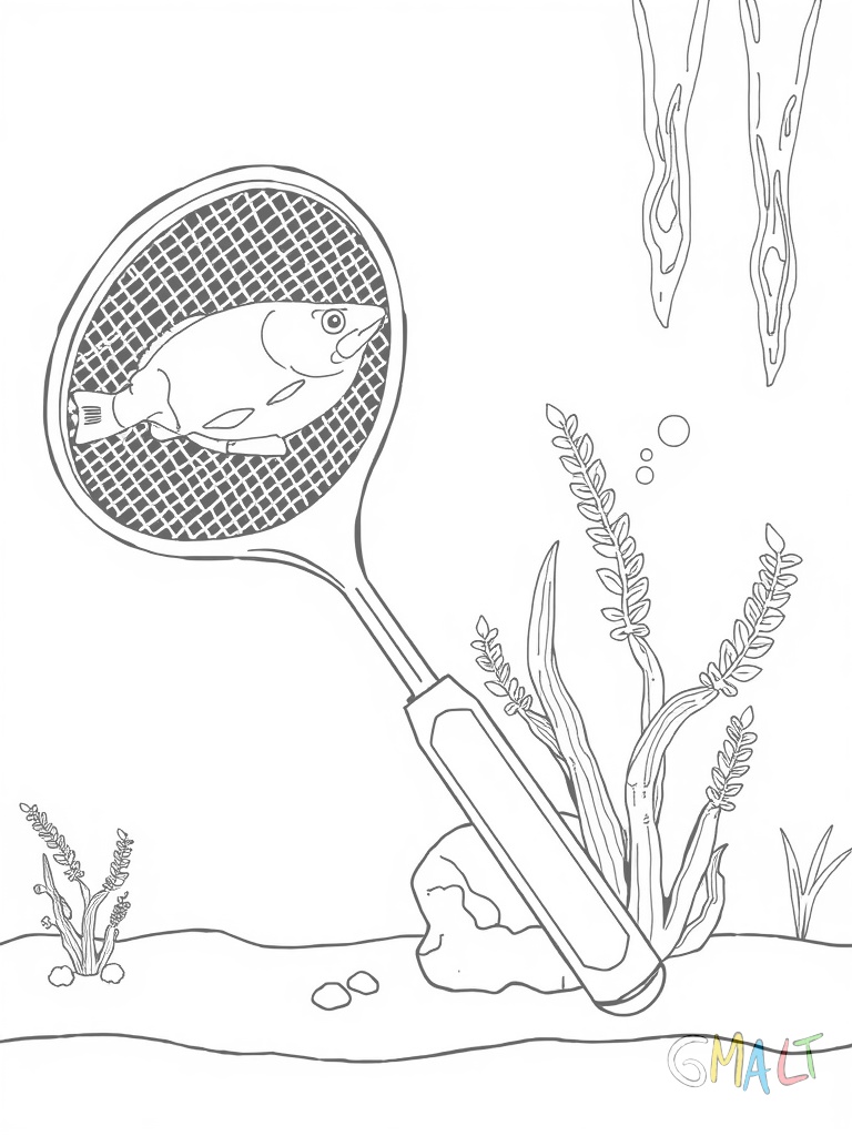 Ein Kescher mit langem Griff lehnt schräg an der Aquarienwand. Das Netz ist tropfenförmig und hat einen stabilen Metallrahmen. Der Griff hat eine ergonomische Verdickung am Ende.