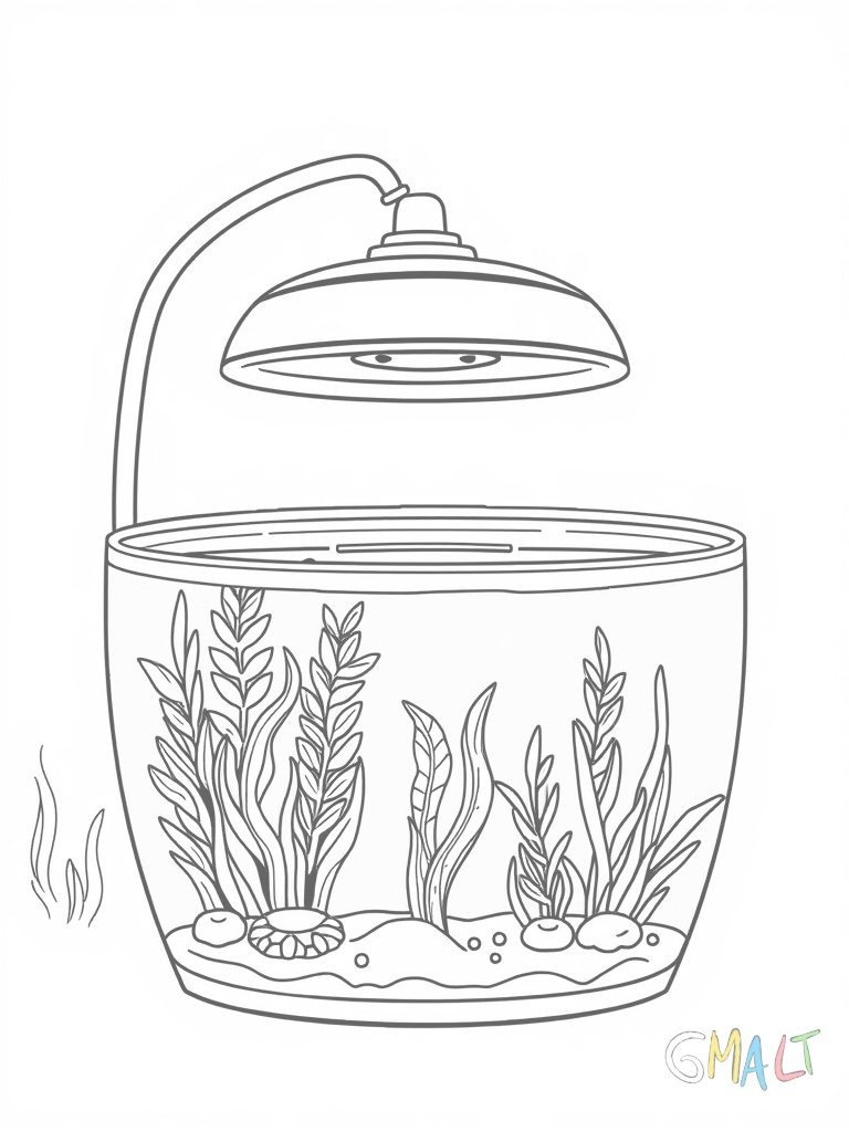 Eine runde Aquariumlampe mit langem Schwanenhals ist über dem Beckenrand montiert. Die Lampe hat einen Klemmfuß zur Befestigung und einen breiten Leuchtenkopf mit sichtbaren LED-Punkten.