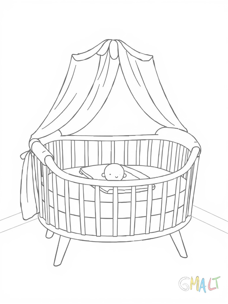 Ein Babybett mit hohen Gitterstäben rundherum. Im Bett liegt eine kleine Matratze mit einem Babykissen. An einer Seite lässt sich das Gitter herunterklappen.