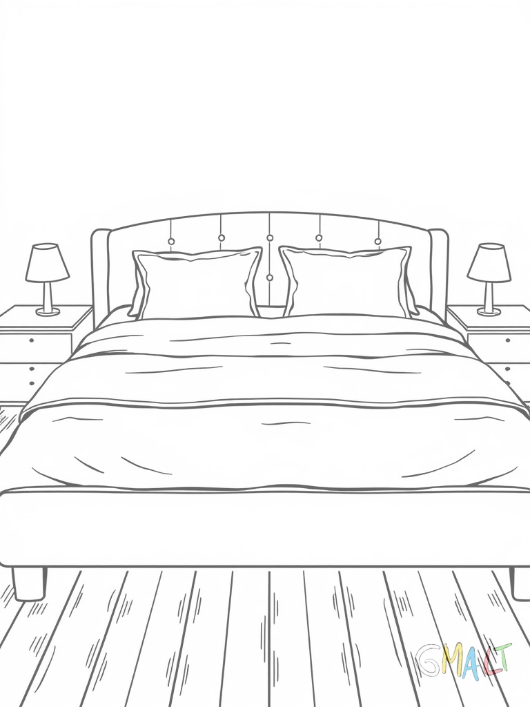 Ein gemütliches Doppelbett mit zwei Nachttischen links und rechts. Auf dem Bett liegen vier Kissen und eine große Tagesdecke. Das Kopfteil ist gepolstert.
