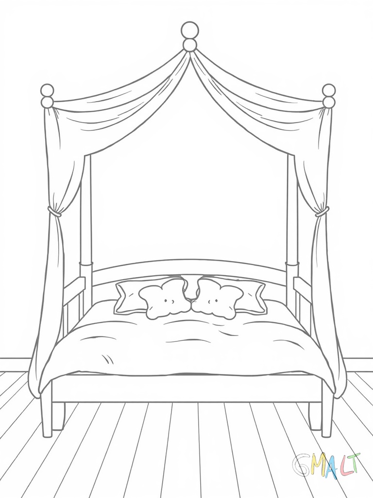 Ein Himmelbett mit vier hohen Pfosten an den Ecken. Zwischen den Pfosten sind dünne Vorhänge gespannt. Auf der Matratze liegen zwei Kissen und eine Decke.