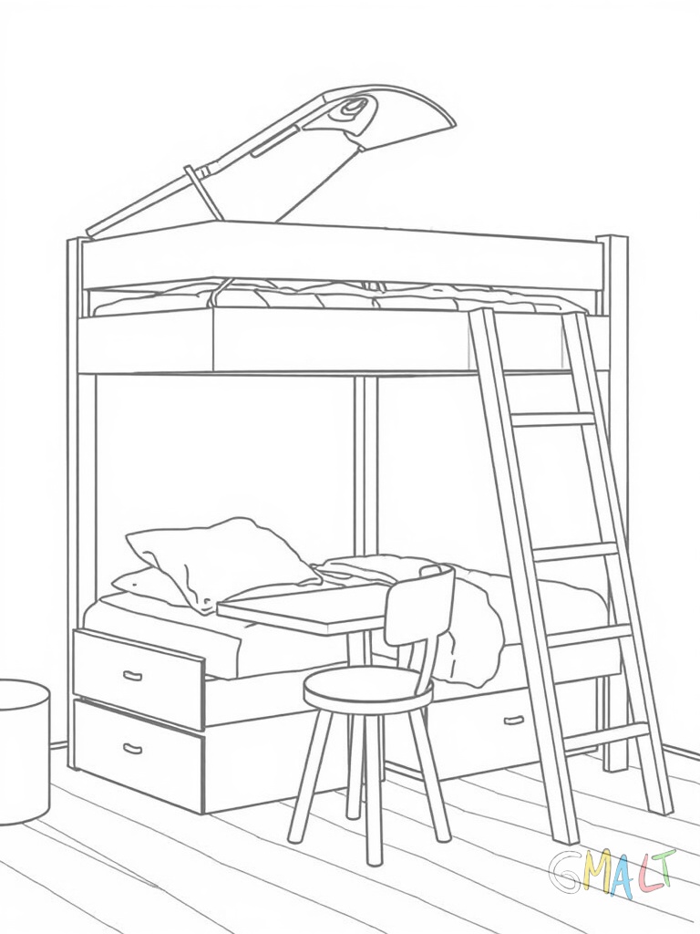 Ein Hochbett mit einer integrierten Leiter an der Seite. Unter dem Bett befindet sich ein kleiner Schreibtisch mit Stuhl. Das obere Bett hat ein Schutzgeländer.